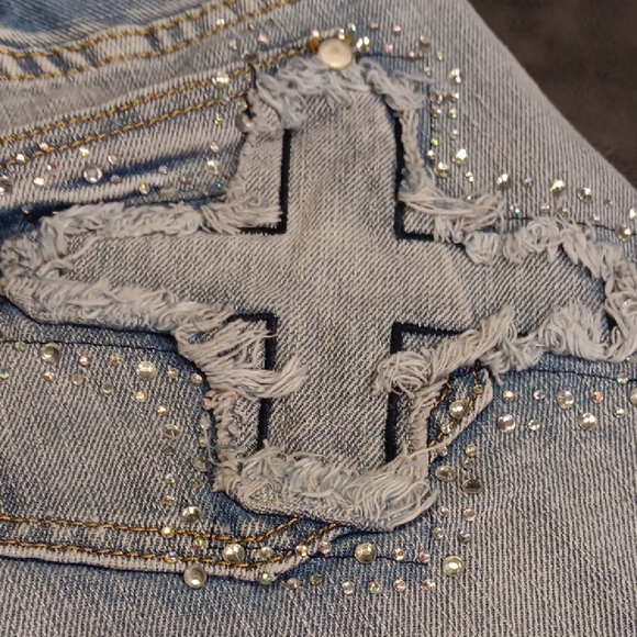 Rue21 Distressed Light Blue Jean Shorts with Cross And Rhinestone Detail - Picture 7 of 10